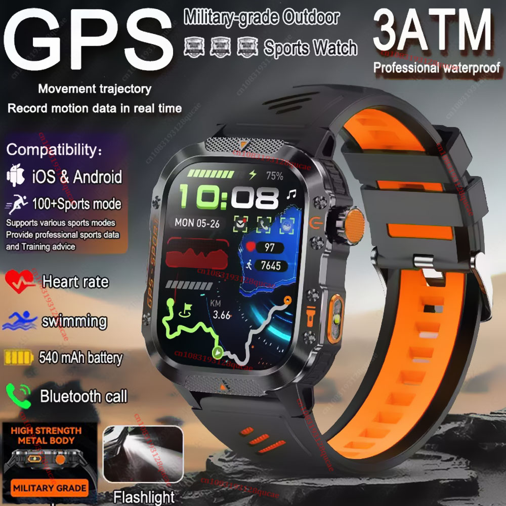 Smartwatch X12 - 2026年ミリタリーアウトドアスマートウォッチメンズGPS懐中電灯Bluetooth通話2.01インチAMOLEDスクリーン3ATM防水スポーツスマートウォッチHw12