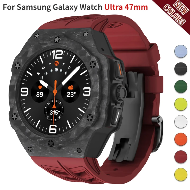Samsung Smartwatch Ultra Accessories - サムスンギャラクシーウォッチ用の改良キット,ウルトラカーボンファイバーケース,スマートバンド用のフルオロラバーストラップ,DIYアクセサリー,47mm,ラグジュアリー