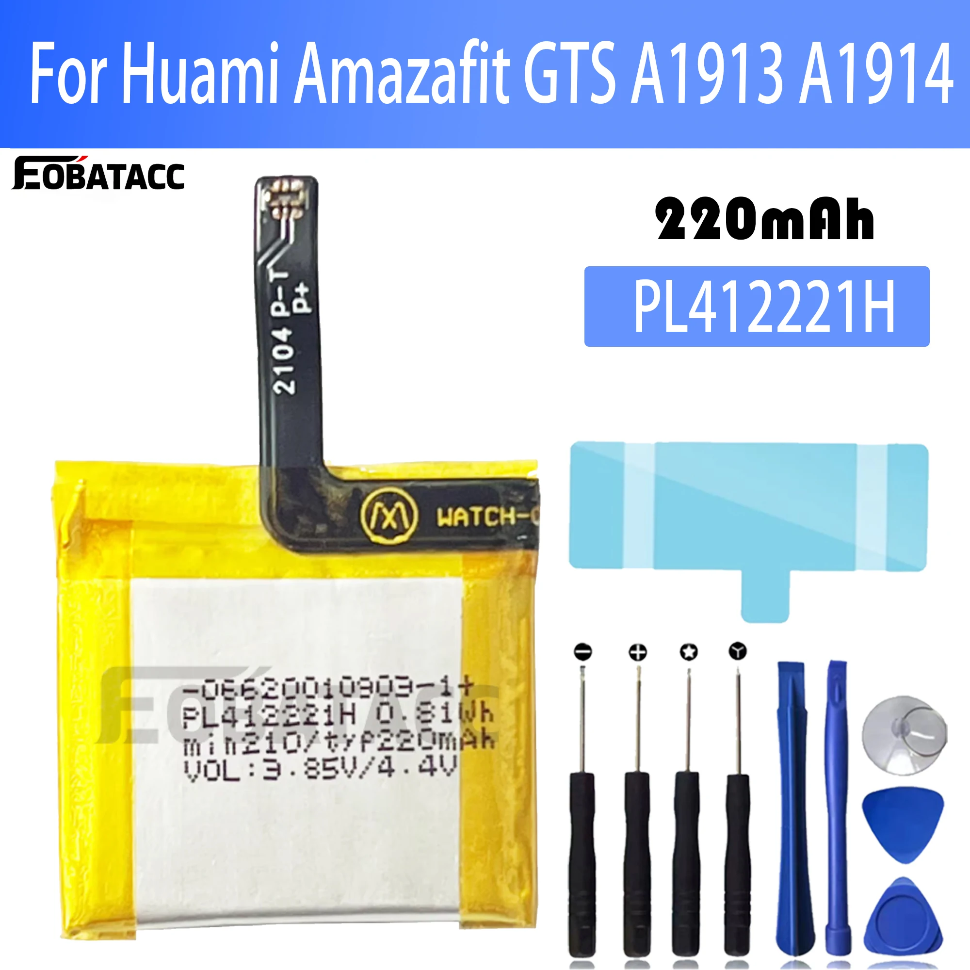 Smartwatch A1914 - Huami Amazafit GTS用のオリジナルバッテリー,スマートウォッチバッテリー,412221, 220mah,無料ツール,a1913,a1913,pl412221h,100%