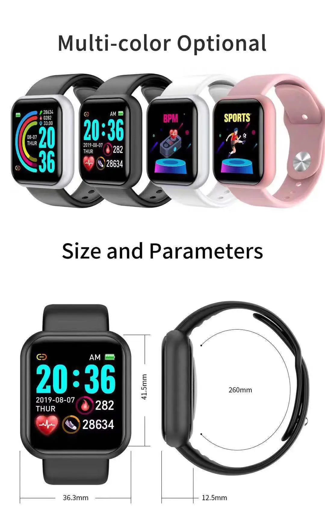 Smartwatch Touch - D20 Proスマートウォッチ メンズ Y68スマートウォッチ、心拍数・血圧・睡眠モニター、Android iOS対応スポーツフィットネストラッカーブレスレット