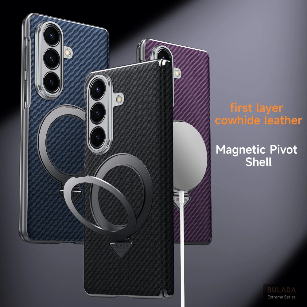Magnetic Charging Stand - ビジネスカーボンファイバー磁気リングスタンド付きSamsung Galaxy Z Fold 7/6/5用ワイヤレス充電対応耐衝撃保護ケース