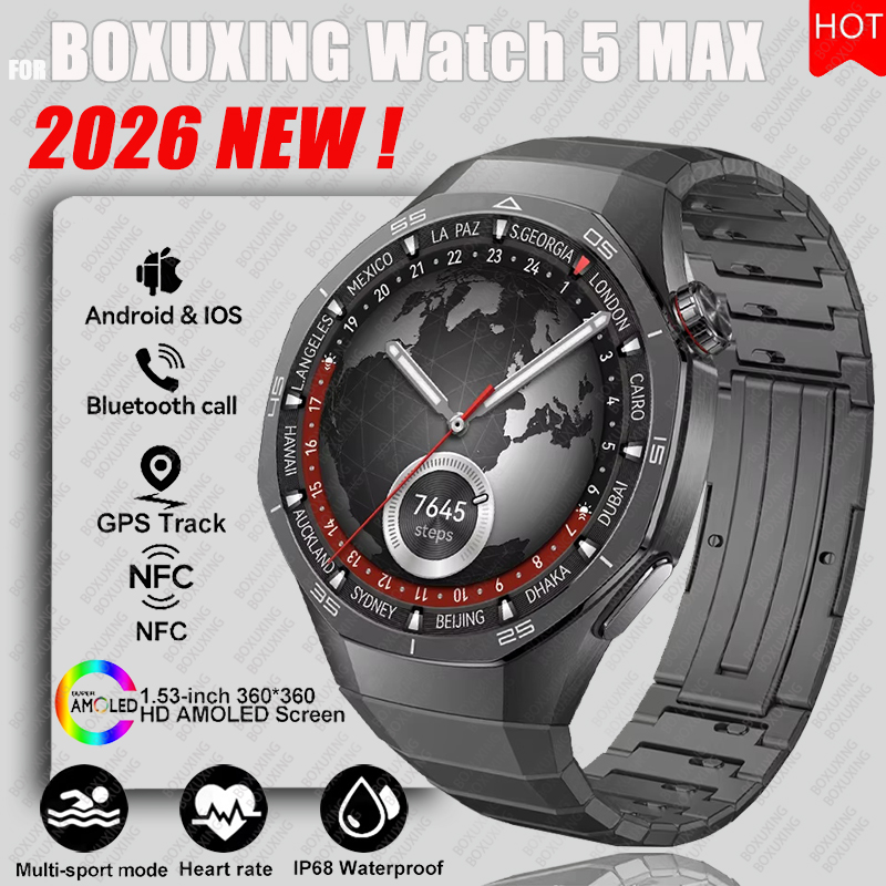 Smartwatch Faces - 2026年新型BOXUXING Watch 5 MAXスマートウォッチ、HD AMOLEDスクリーン、NFC、GPSトラッカー、Bluetooth通話、健康防水機能搭載、男女兼用スマートウォッチ